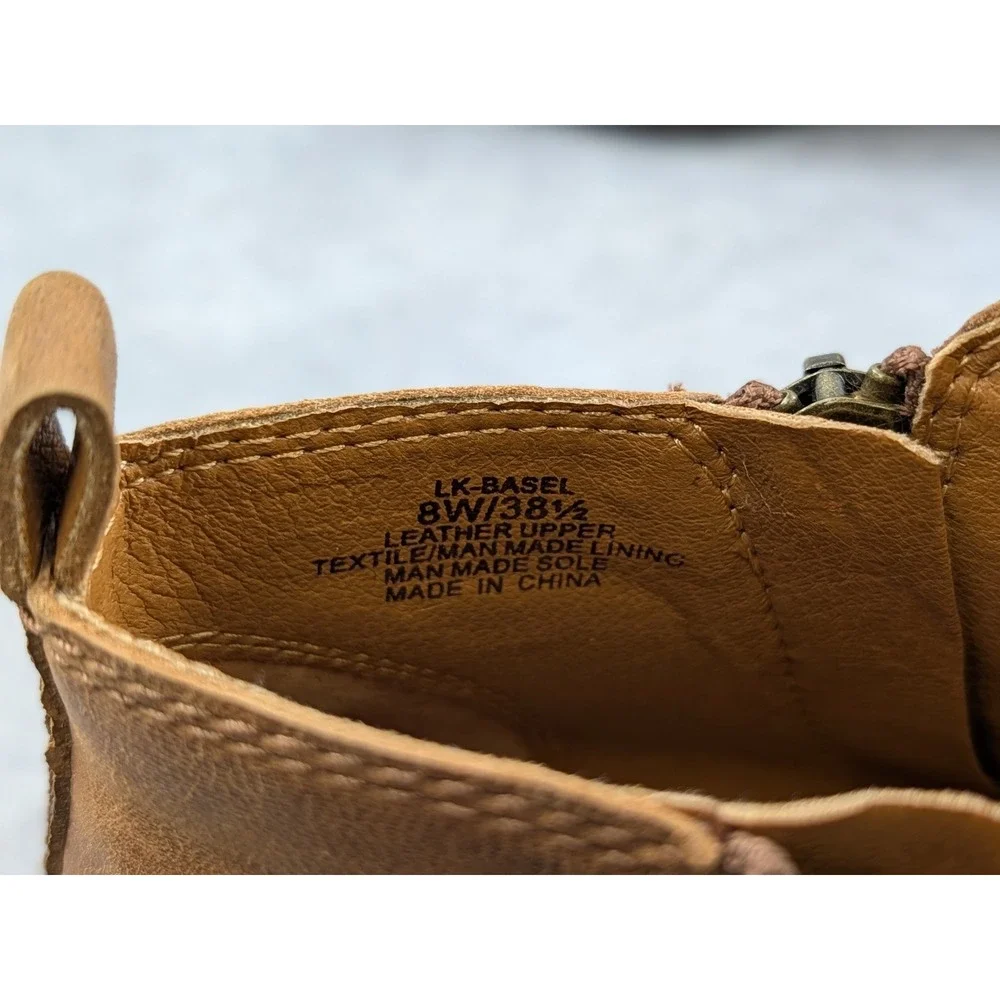 Lucky Brand Basel Tan Leather Ankle Booties Womens 8W Round Toe Low Block Heel
